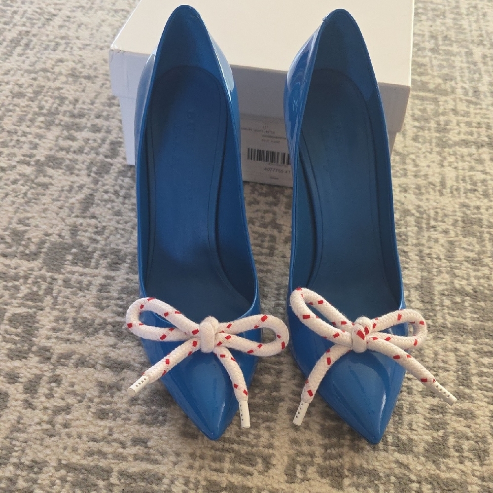 Burberry Blue Heels with White Bow